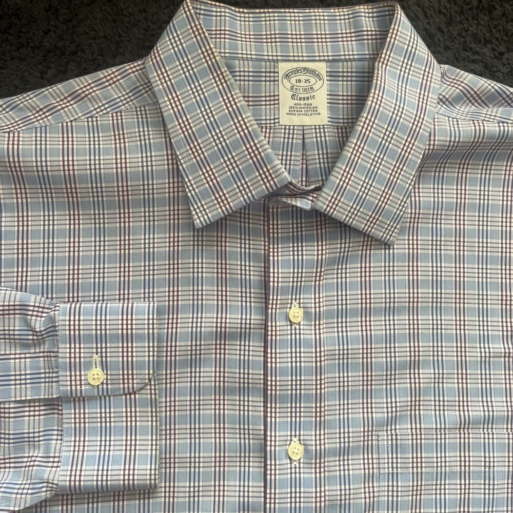 Brooks Brothers Classic Fit Non-Iron Shirt 18-35 Blue Purple Plaid Supima Cotton